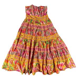 Farm Rio Dress Womens Medium Pink Yellow Floral Maxi Beaded Strap Boho Smocked